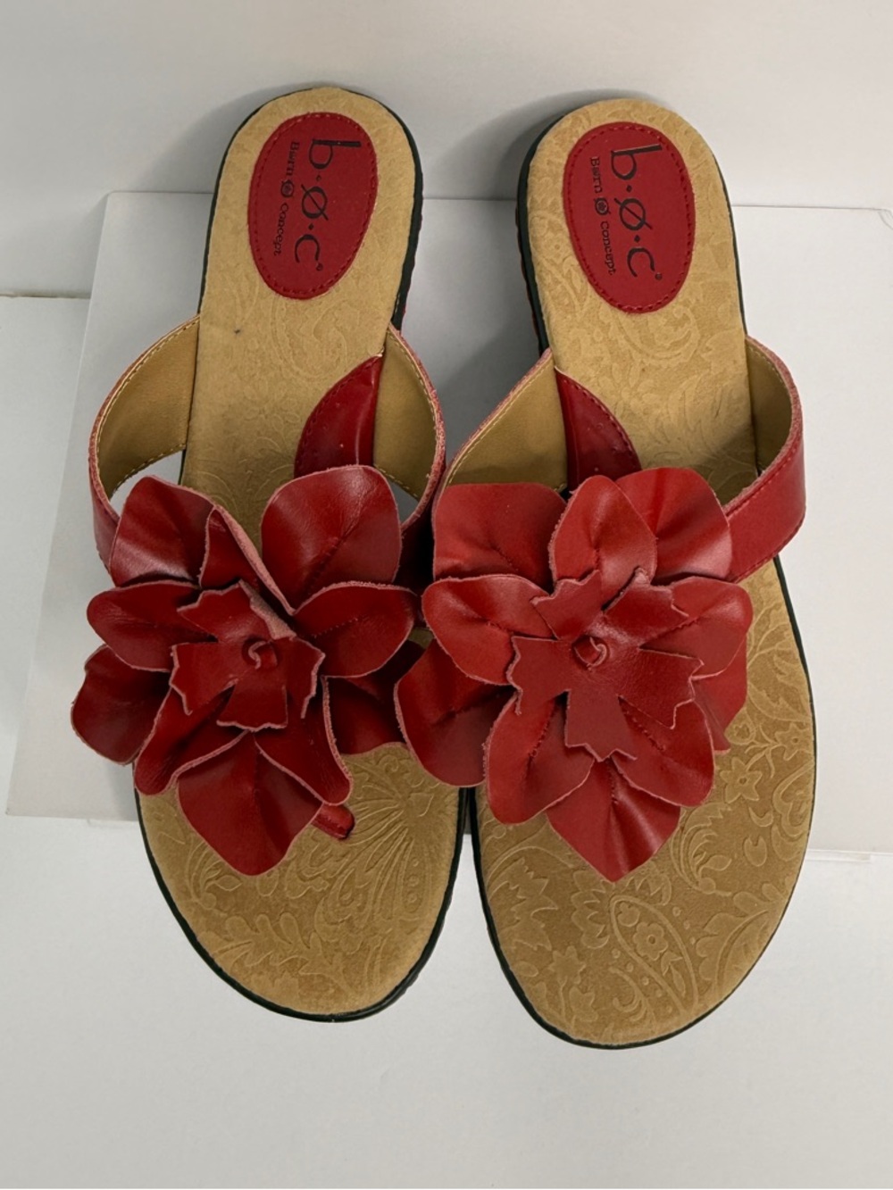 b.o.c. Red Floral Slide Sandals with Decorative Leather Flowers